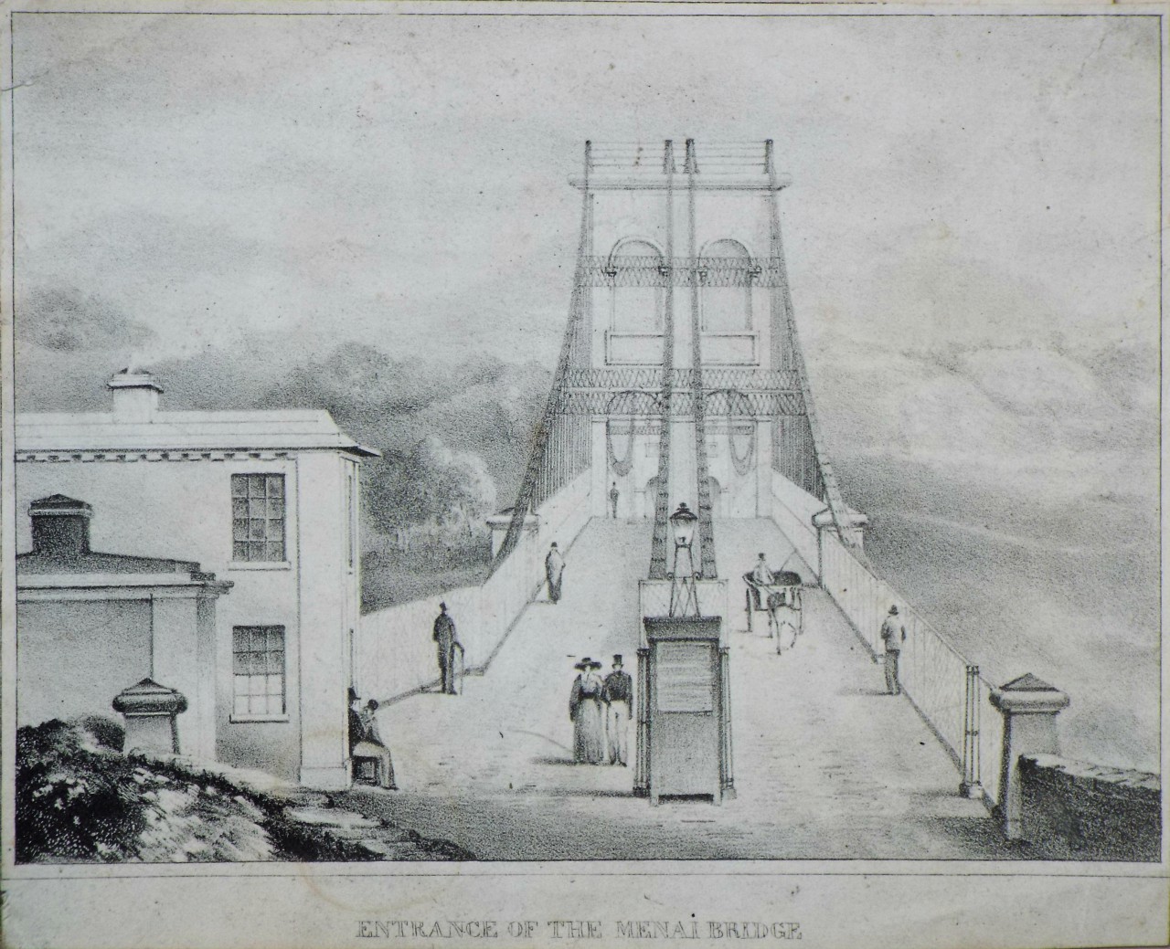 Lithograph - Entrance of the Menai Bridge