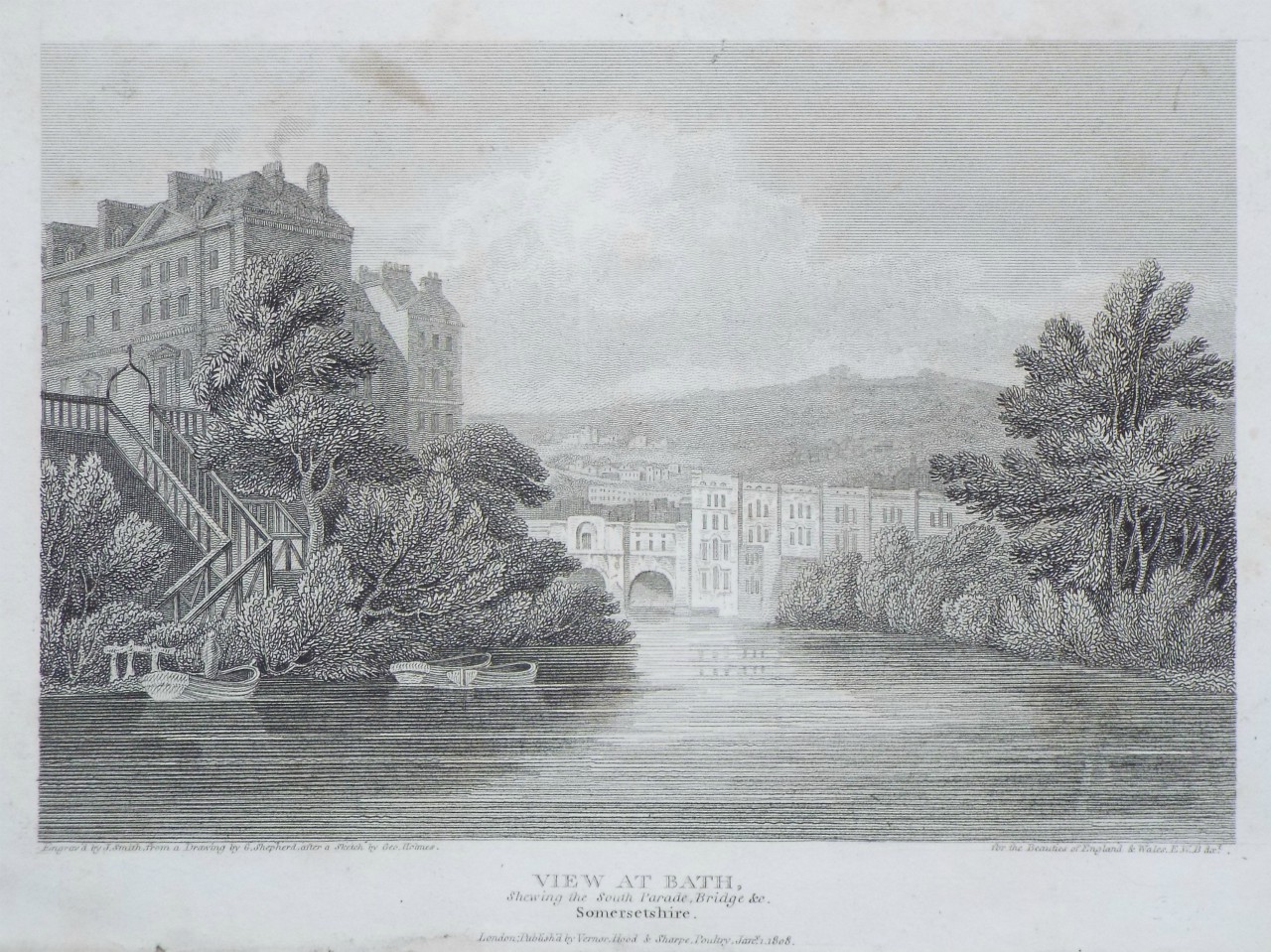 Print - View at Bath, Shewing the South Parade, Bridge &c. Somersetshire. - Smith