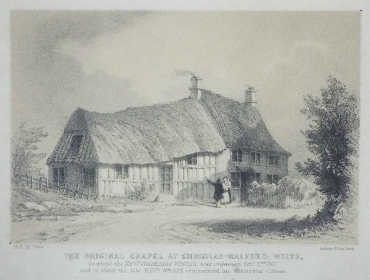 Lithograph - The Original Chapel at Christian-Malford, Wilts, in which the Revd. Cornelius Winter was ordained, Octr. 2nd. 1767. and in which the late Revd. Wm. Jay commenced his Ministerial Career. - 