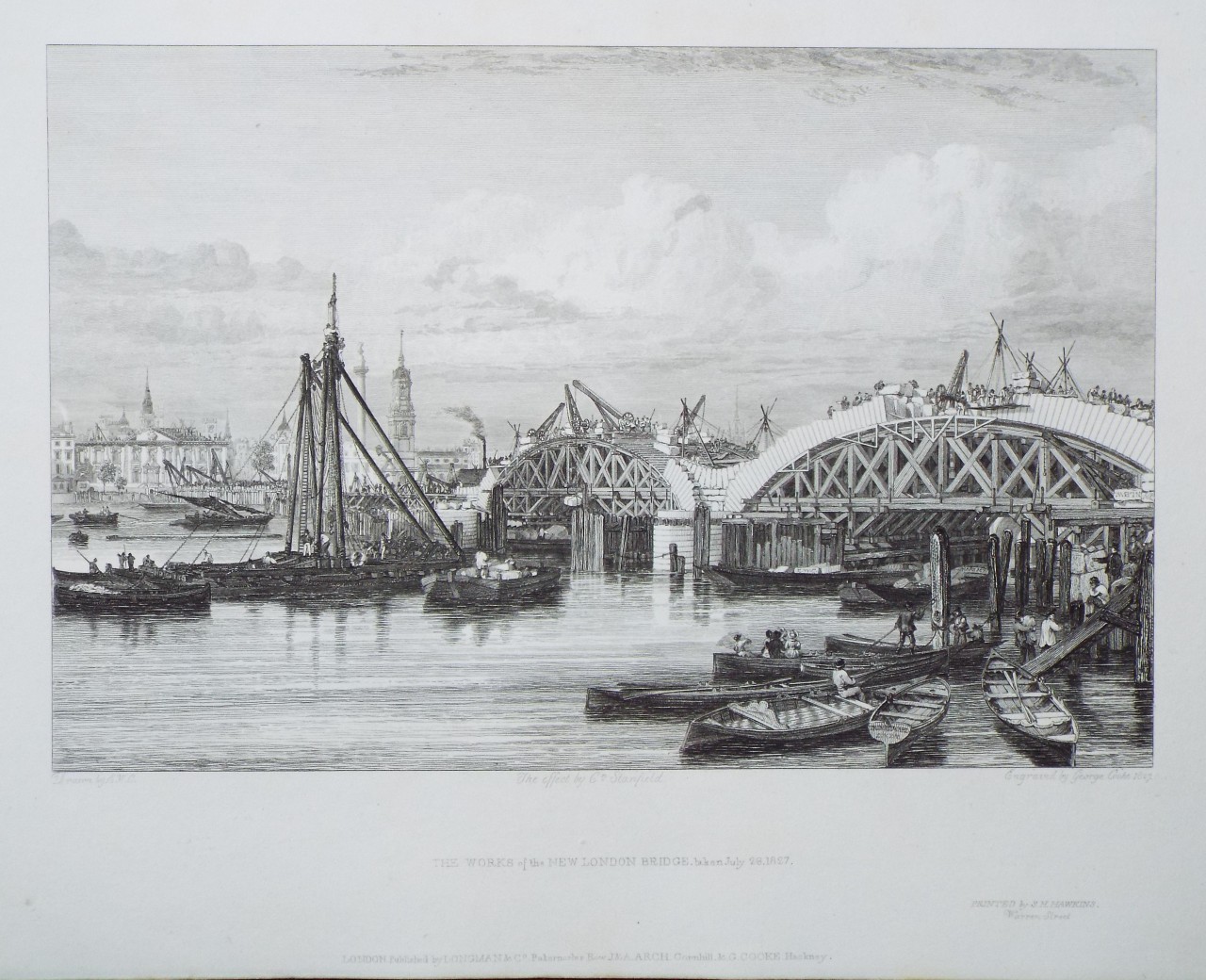 Print - The Works of the New London Bridge taken July 28 1827 - Cooke