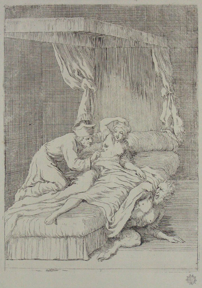 Etching - (Erotic) Maid in bed. Satyr under