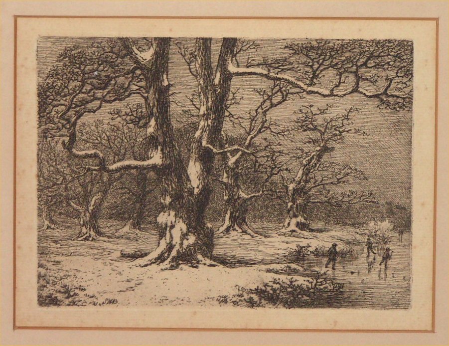 Etching - Winter woodland scene with snow and skaters