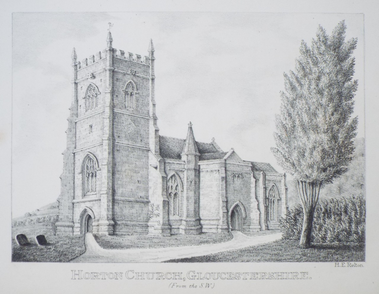 Zinc Lithograph - Horton Church, Gloucestershire. (From the S.W.) - Relton