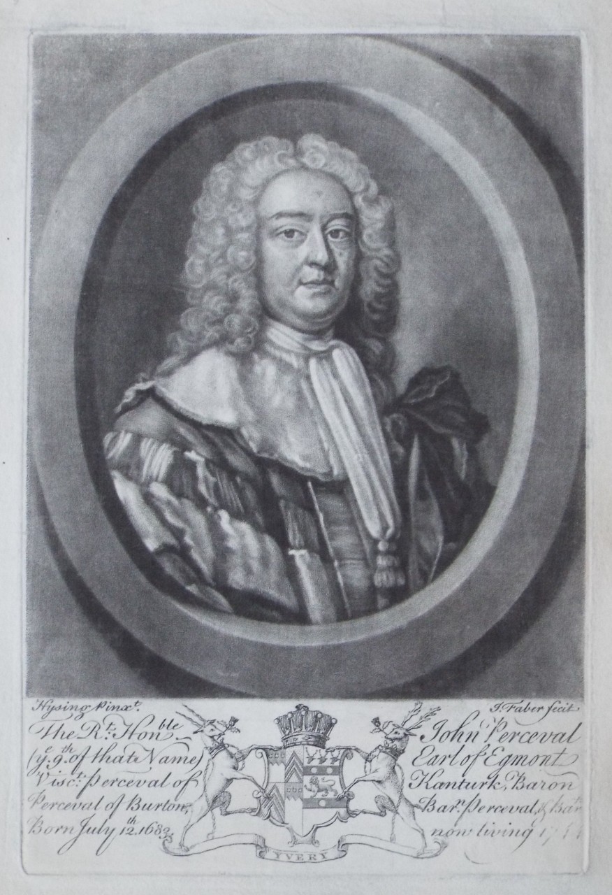 Mezzotint - The Rt. Honble. John Perceval (ye.9th.of that name) Earl of Egmont Visct. Perceval of Kanturk, Baron Perceval of Burton, Barn. Perceval, & Bart. Born July 12th. 1683, now living.1744 - Faber