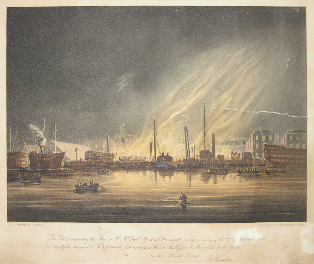 Lithograph - This View of the Fire in Her Majesty's Dock Yard, Devonport, on the morning of the 27th Sepr, 1840 - Clerk