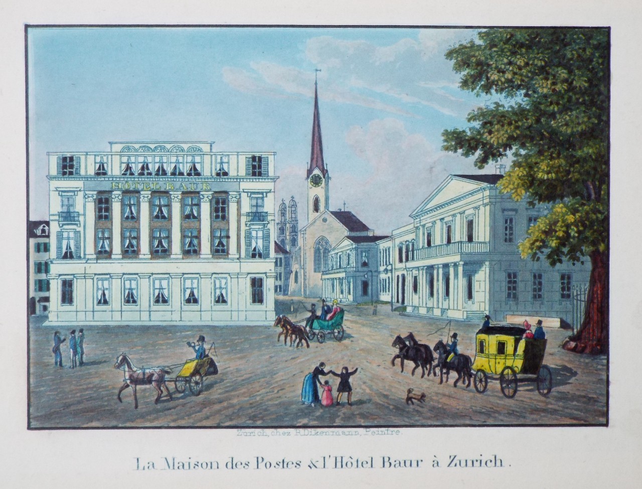 Aquatint - La Maison des Postes & l'Hotel Baur a Zurch.