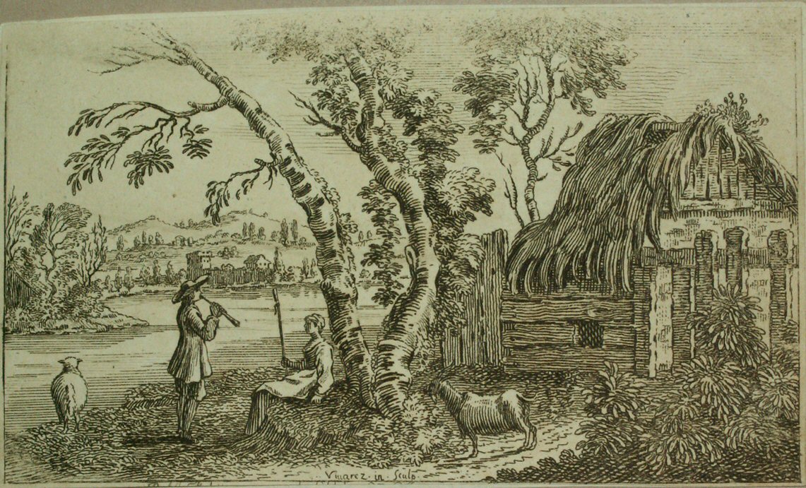 Etching - (Rural scene with piper, woman, goats) - 