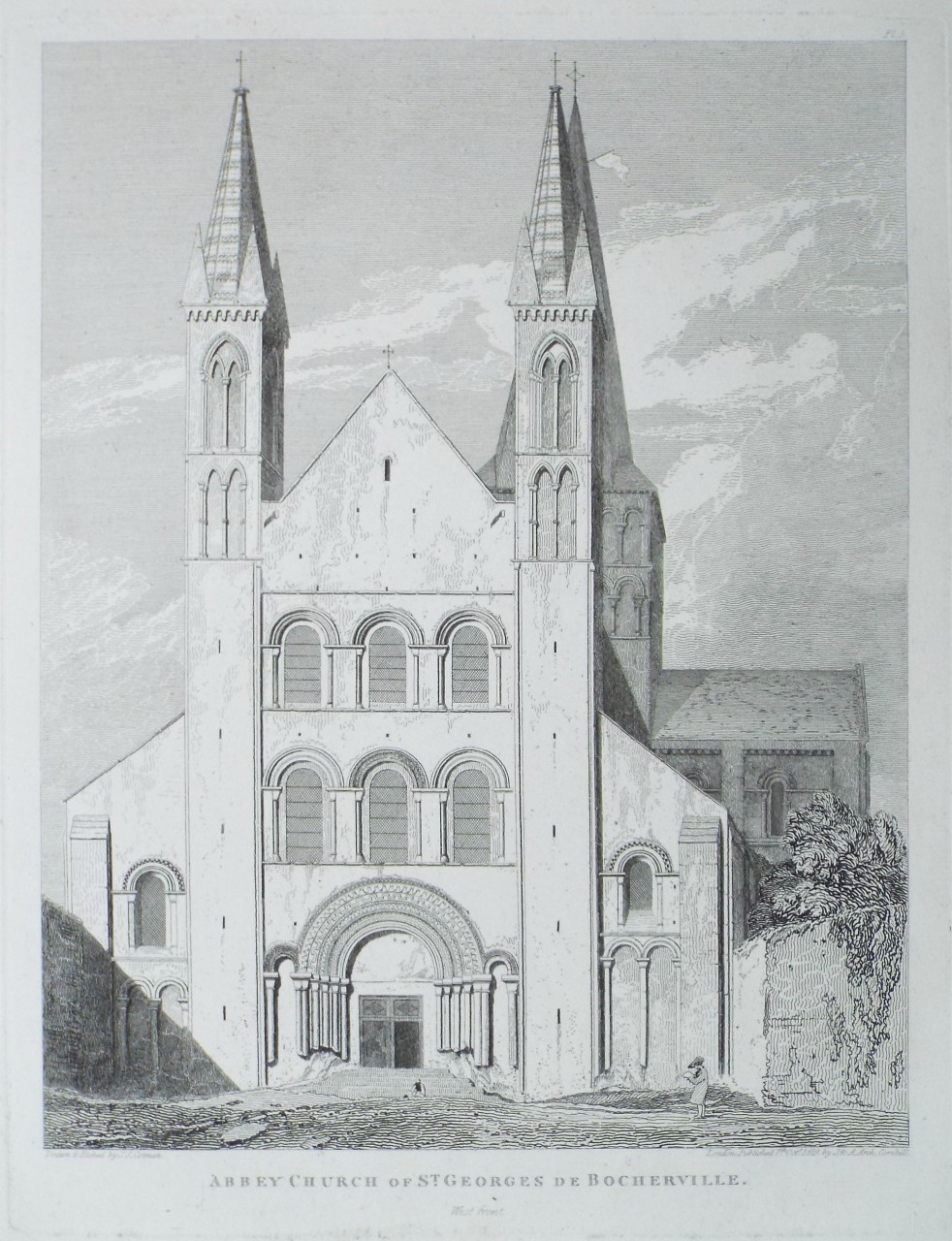 Etching - Abbey Church of St. Georges de Bocherville. West front. - Cotman