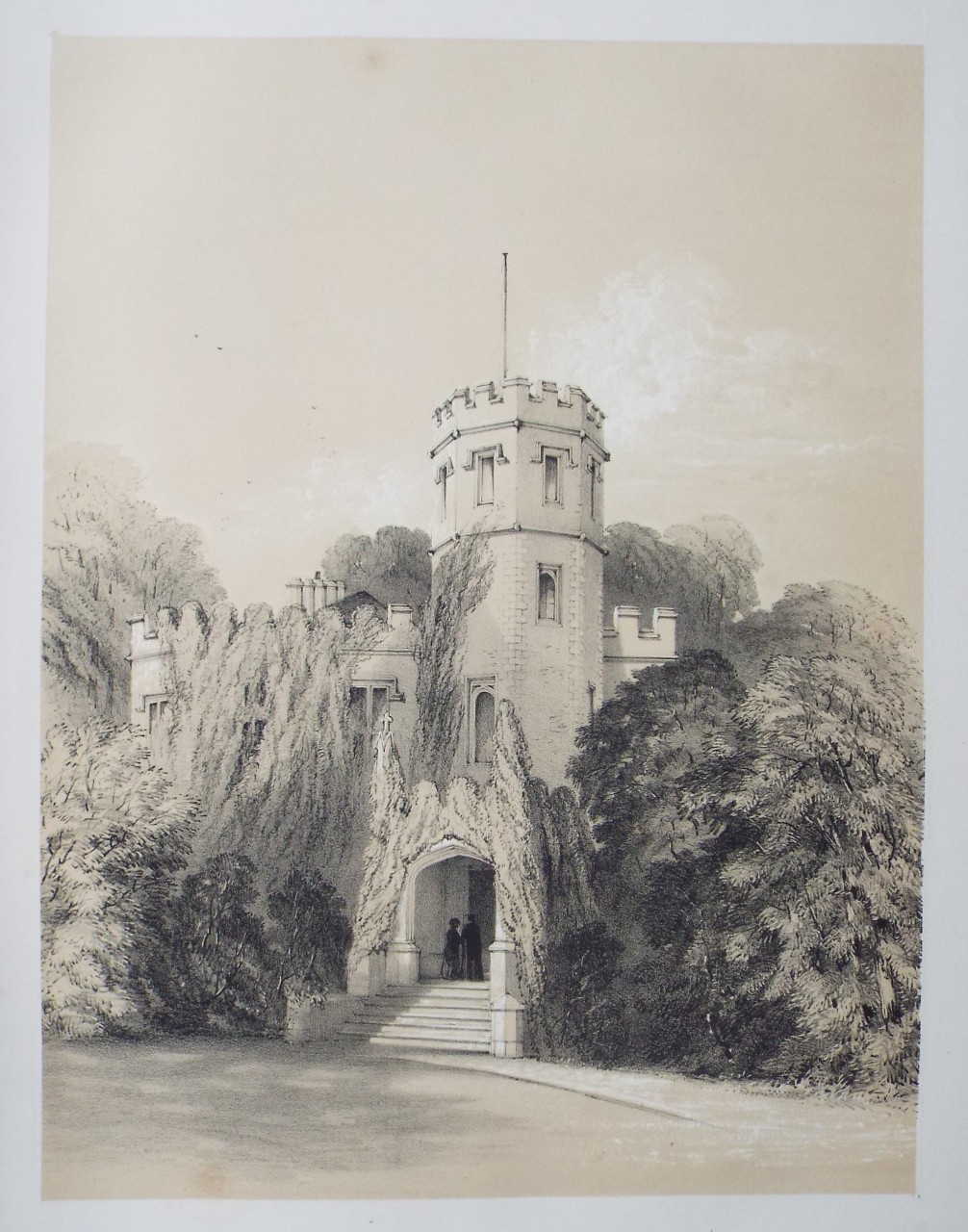 Lithograph - Entrance to the School House. - Radclyffe