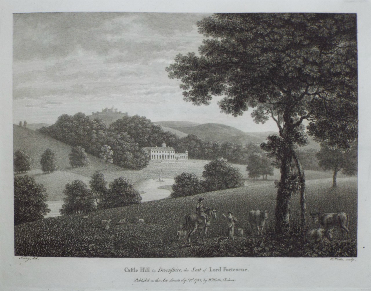 Print - Castle Hill in Devonshire, the Seat of Lord Fortescue. - Watts