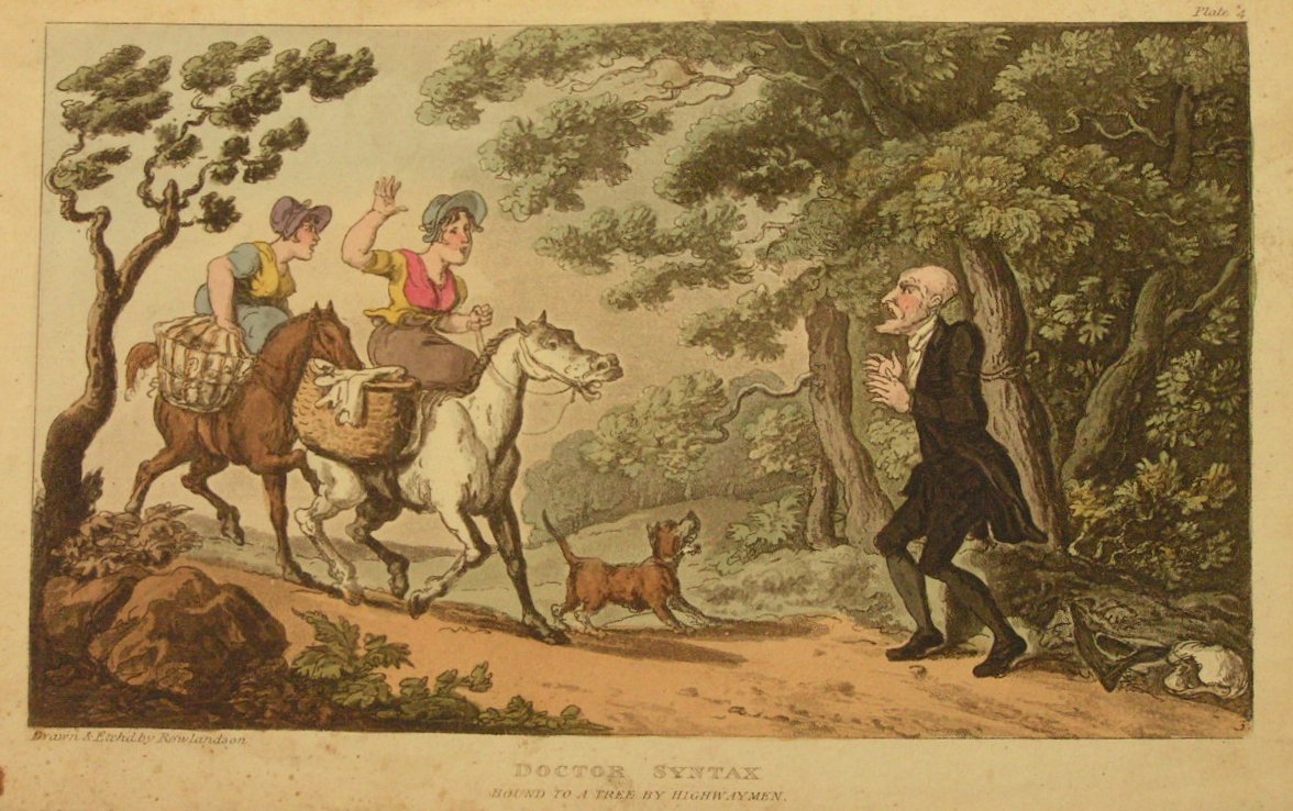 Aquatint - Doctor Syntax Bound to a Tree by Highwaymen  - Rowlandson