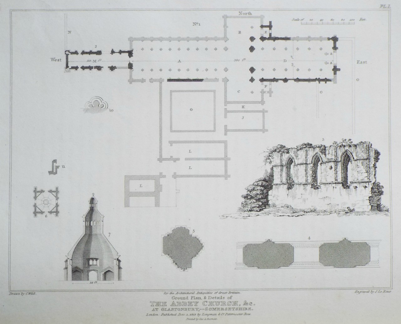 Print - Ground Plan, & Details of the Abbey Church, &c. at Glastonbury, Somersetshire. - Le