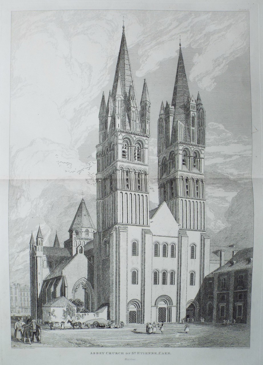 Etching - Abbey Church of St. Etienne, Caen. West front. - Cotman