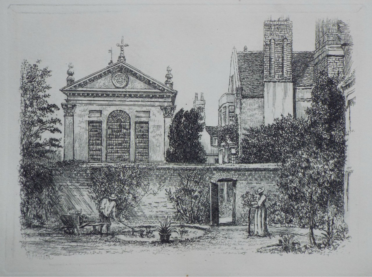 Etching - Pembroke College, from the Master's Garden - Farren