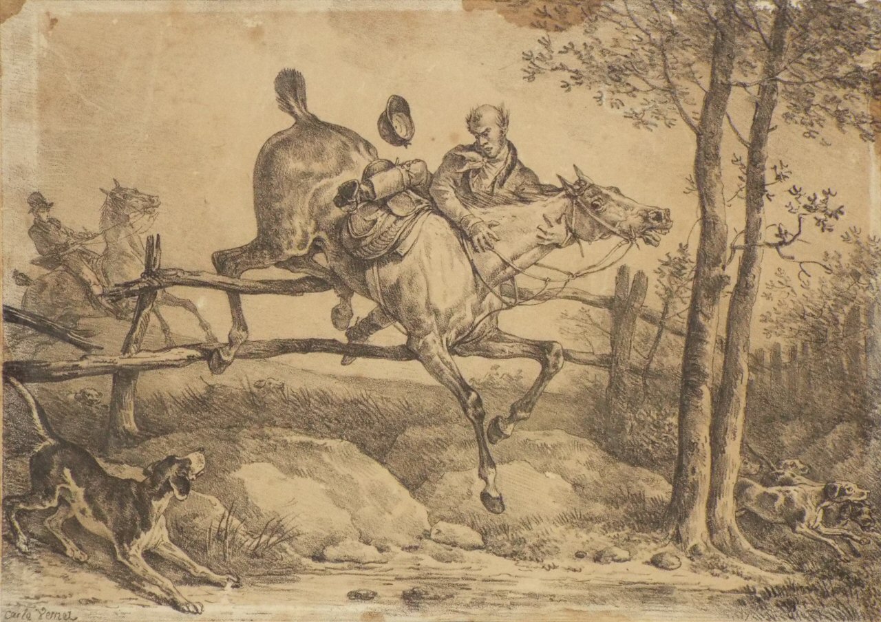 Lithograph - (Horseman taking a fall)