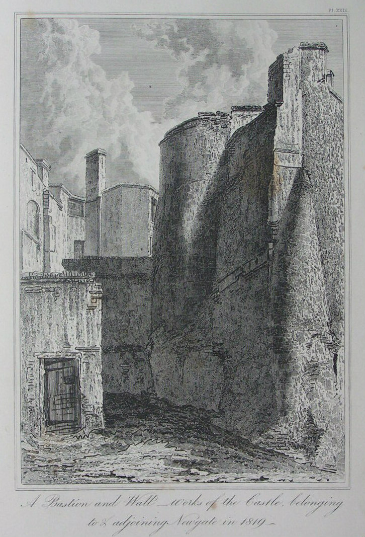 Etching - A Bastion and Wall - works of the Castle, belonging to adjoining Newgate in 1819. - Skelton