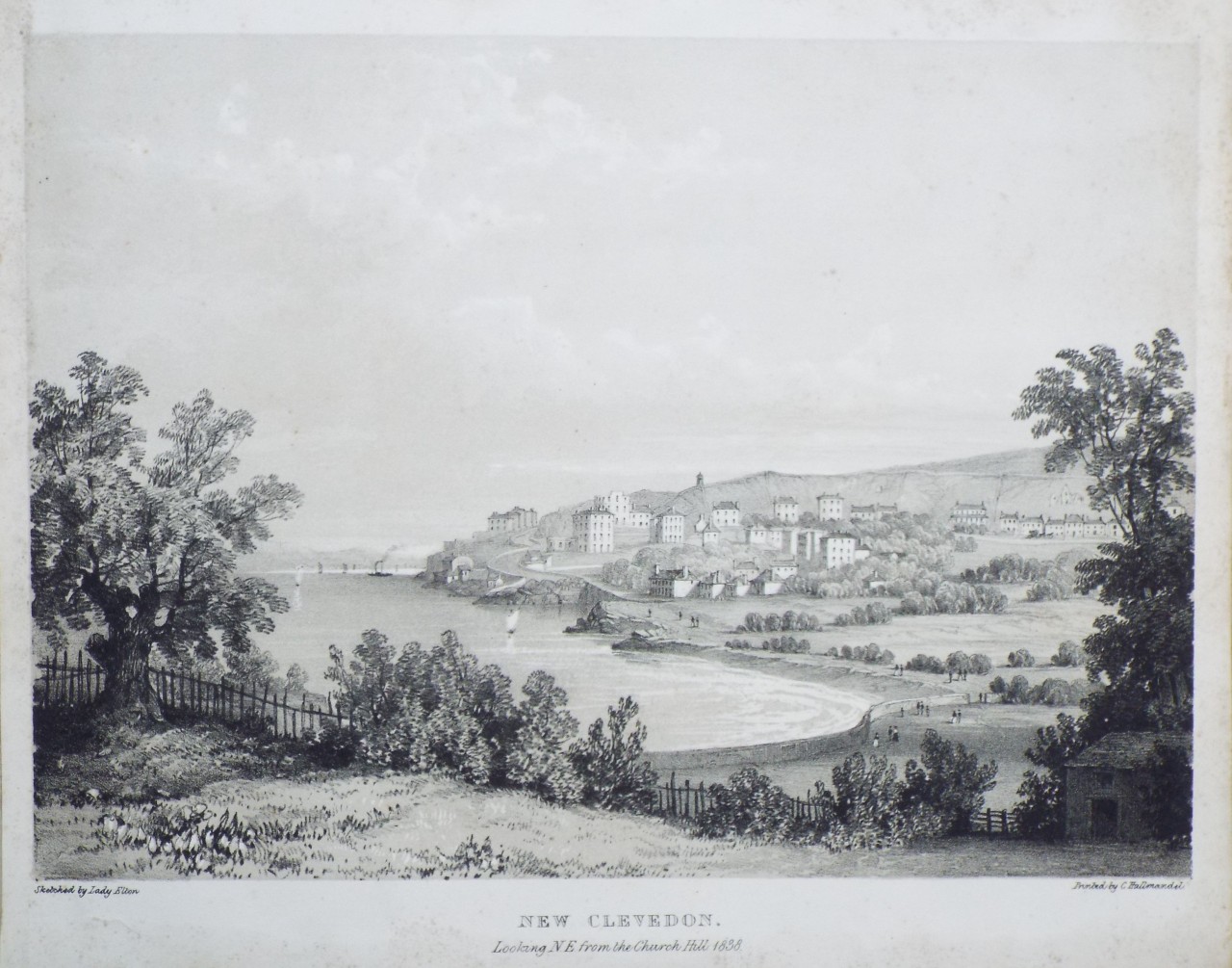 Lithograph - New Clevedon. Looking N E from the Church Hill 1838.