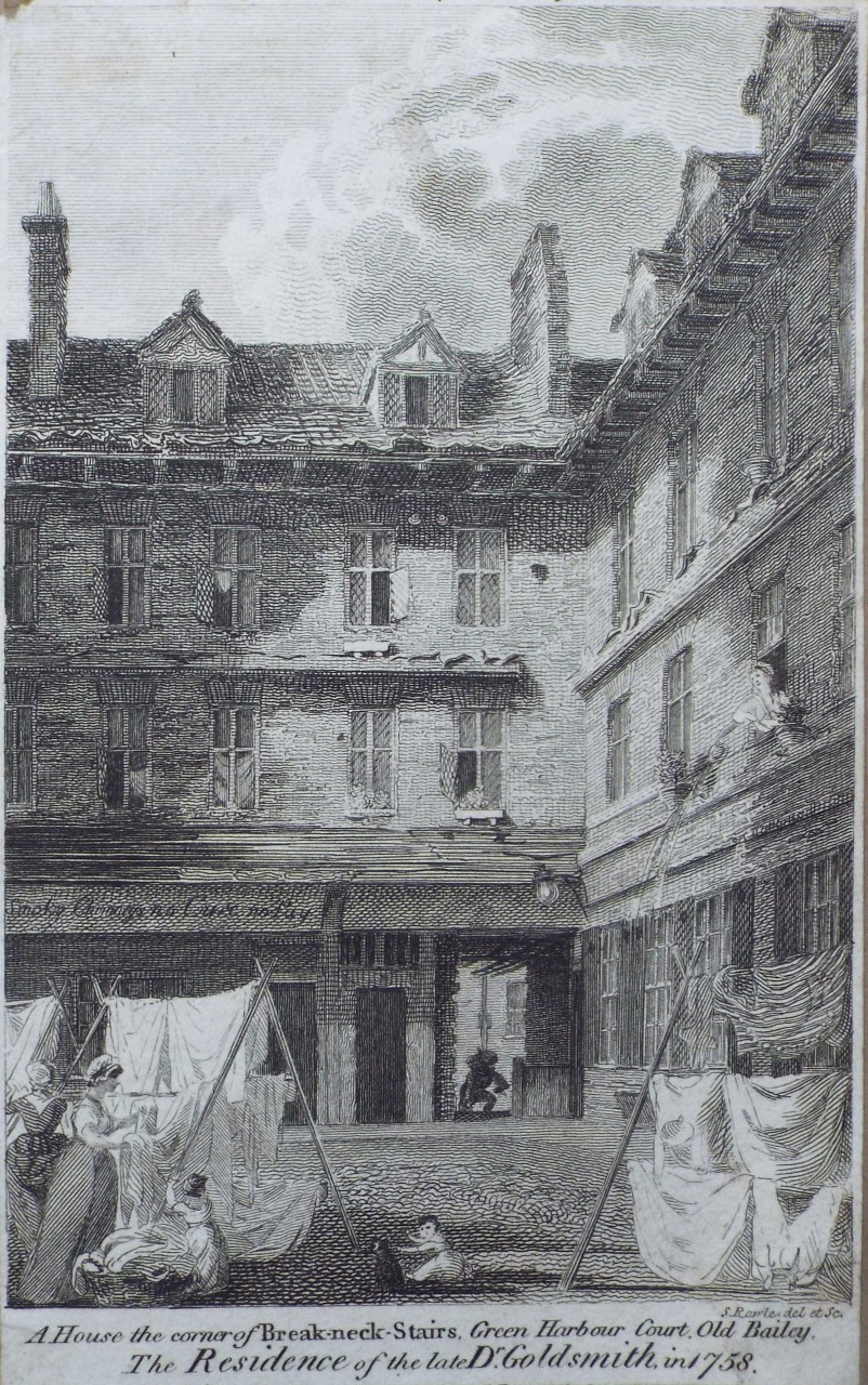 Print - A House the corner of Break-neck-Stairs, Green Harbour Court, Old Bailey, the Residence of the late Dr. Goldsmith, in 1758. - Rawle