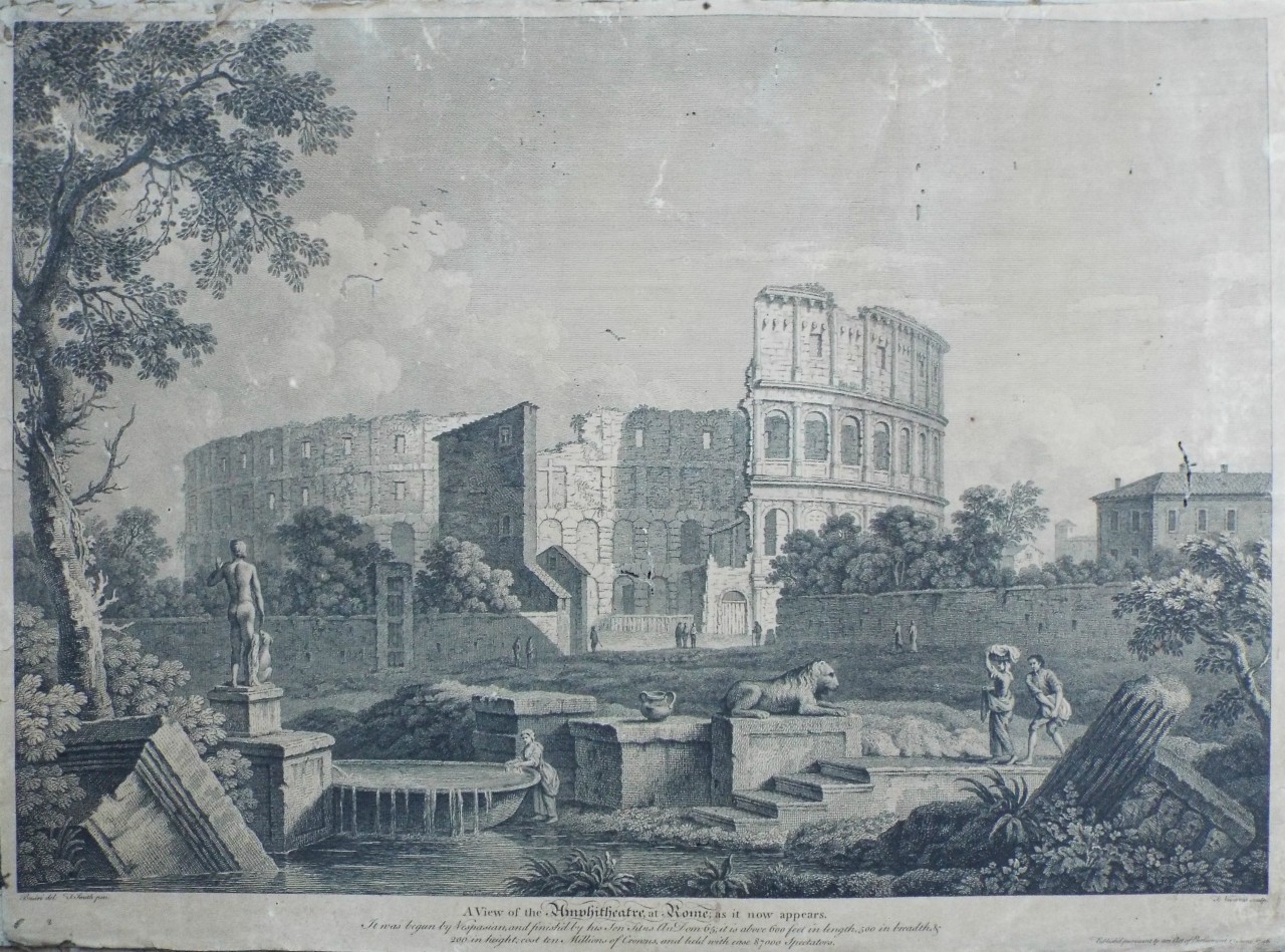 Print - A View of the Ampitheatre, at Rome; as it now appears.
It was begun by Vespasian, and finish'd by his son Titus An: Dom: 65; it is above 600 feet in length, 500 in breadth, & 200 in height; cost ten Millions of Crowns, and held with ease 87000 Spectators. - Vivares