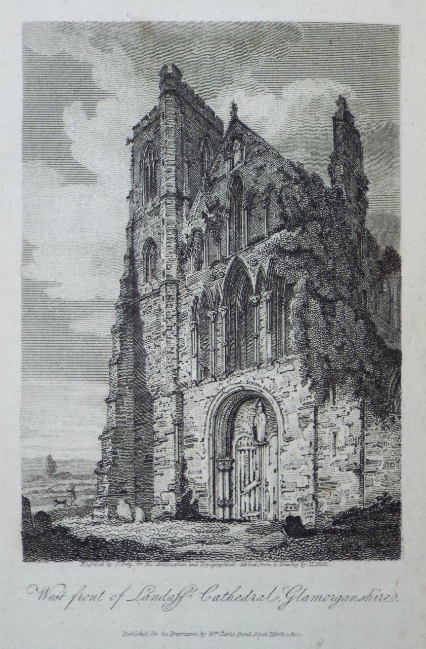 Print - West Front of Landaff Cathedral, Glamorganshire. - Greig