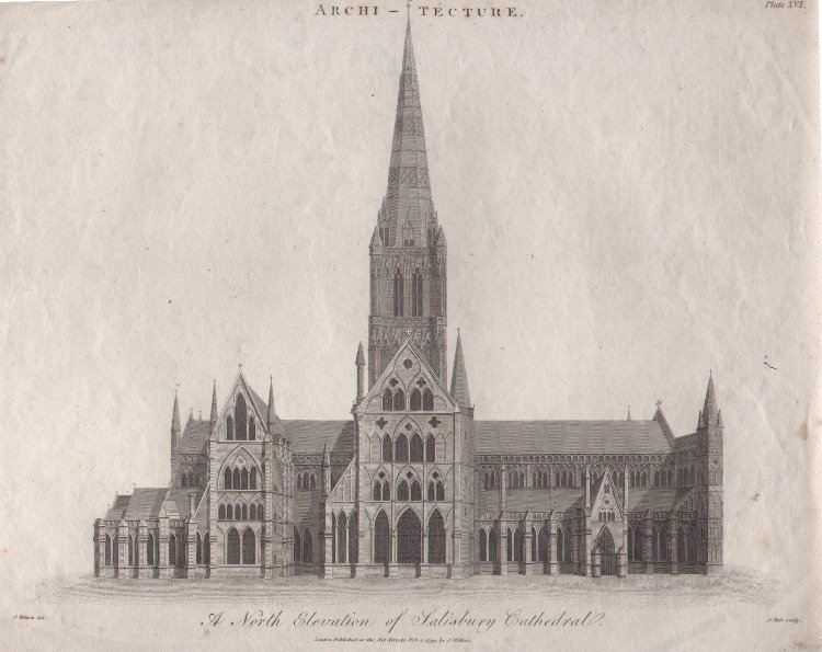Print - A North Elevation of Salisbury Cathedral. Pl.XVI - Pass