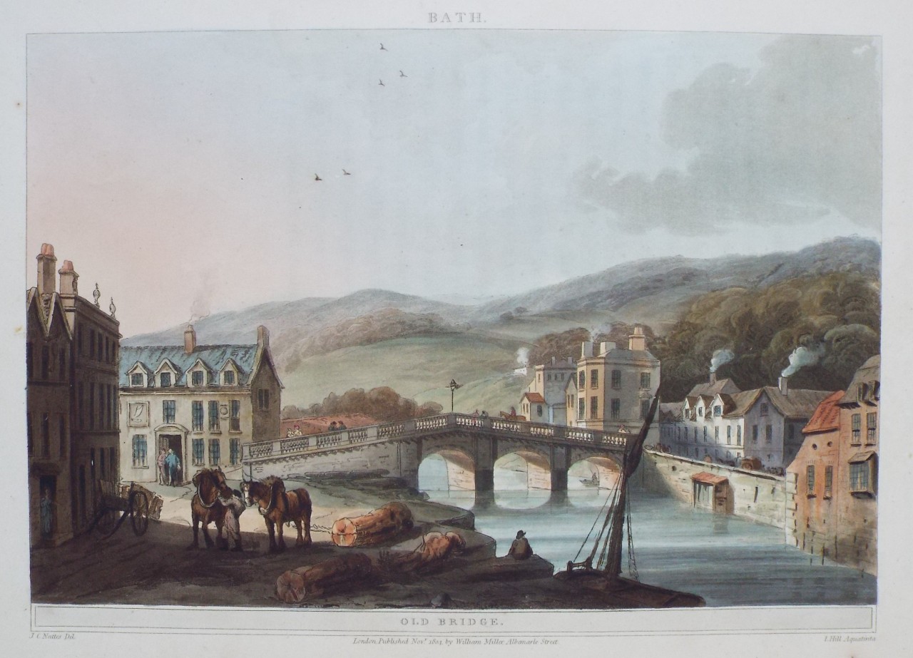 Aquatint - Bath. Old Bridge. - Hill