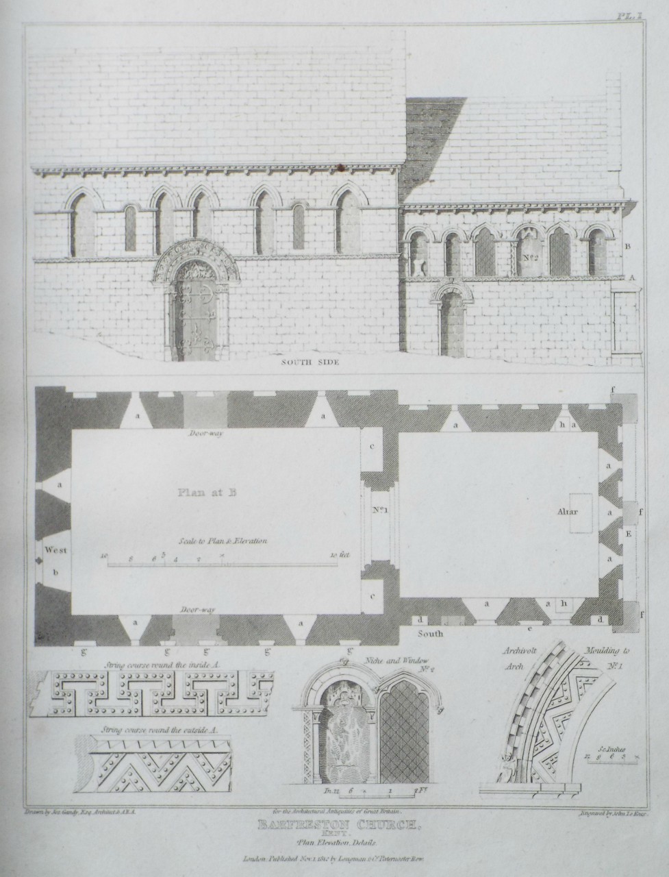 Print - Barfreston Church, Kent. Plan, Elevation, Details. - Le