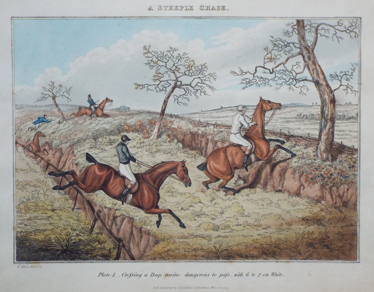 Etching - A Steeple Chase. Plate 4, Crossing a Deep ravine dangerous to pass - with 6 to 2 on White. - Alken