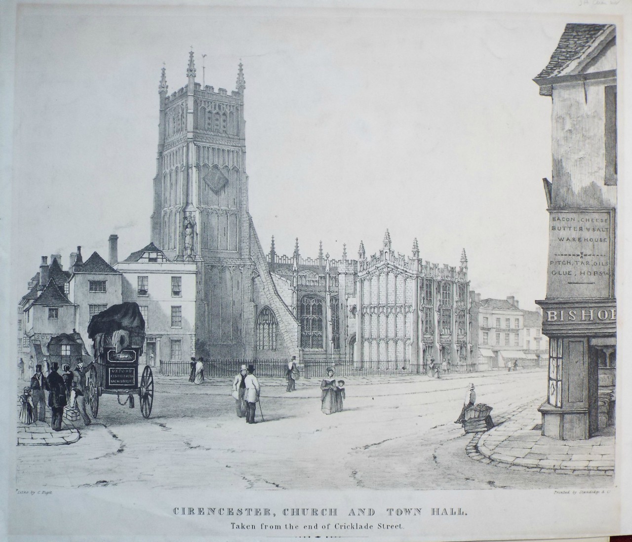 Lithograph - Cirencester, Church and Town Hall, Taken from the end of Cricklade Street. - Bigot