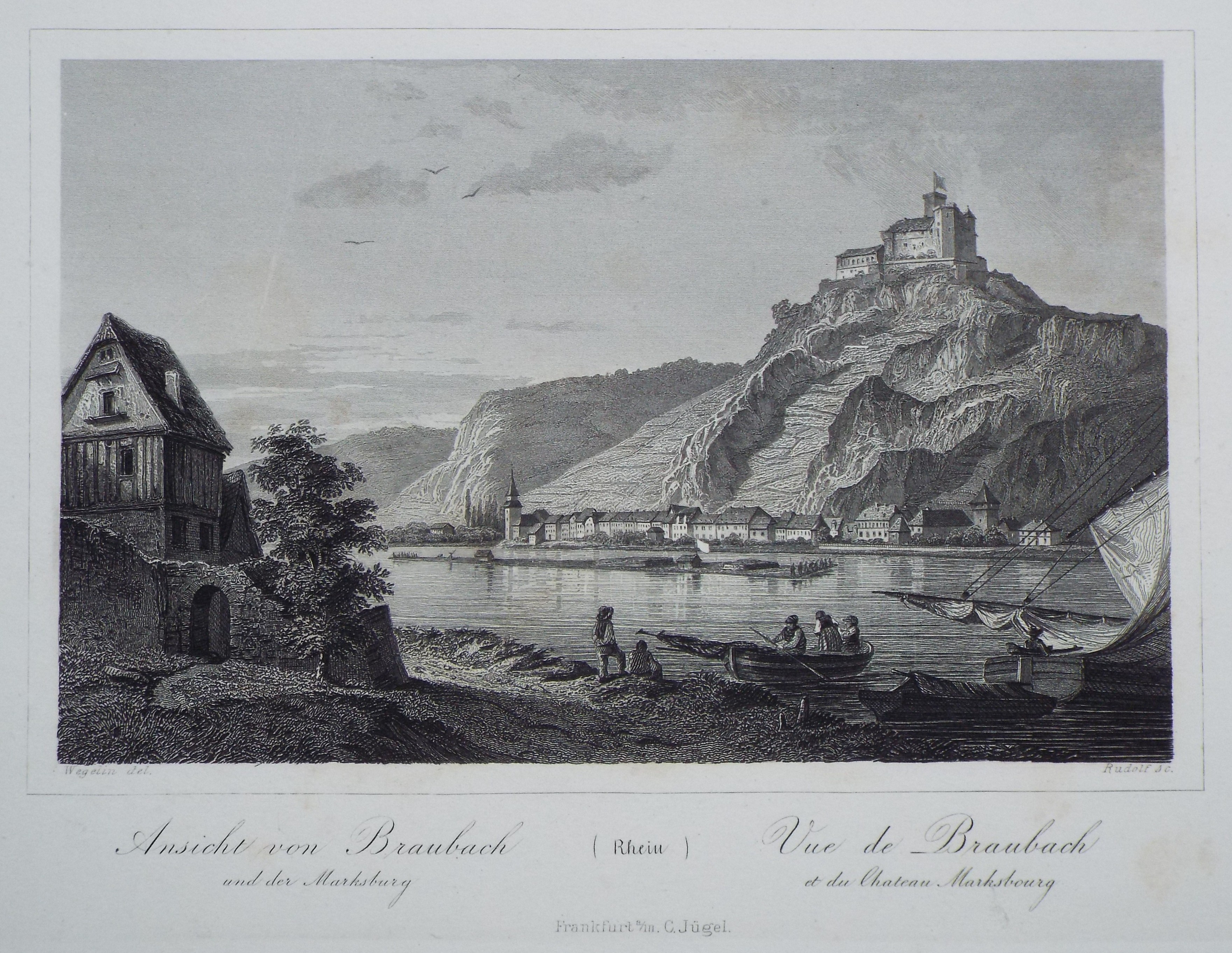 Print - Ansicht von Braubach und der Marksburg (Rhein) Vue de Branbach et du Chateau Marksbourg - 