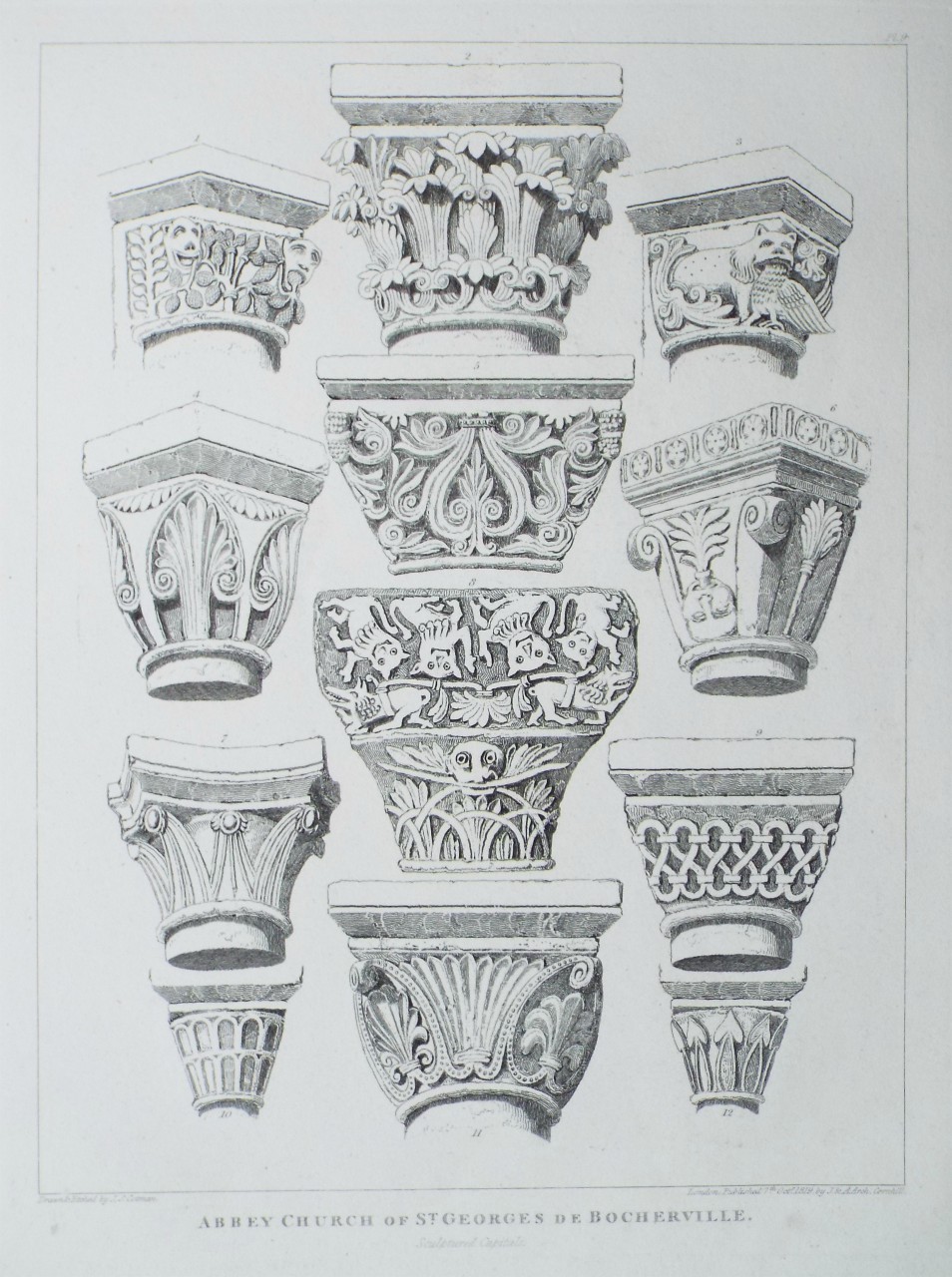 Etching - Abbey Church of St. Georges de Bocherville. Sculptured Capitals. - Cotman