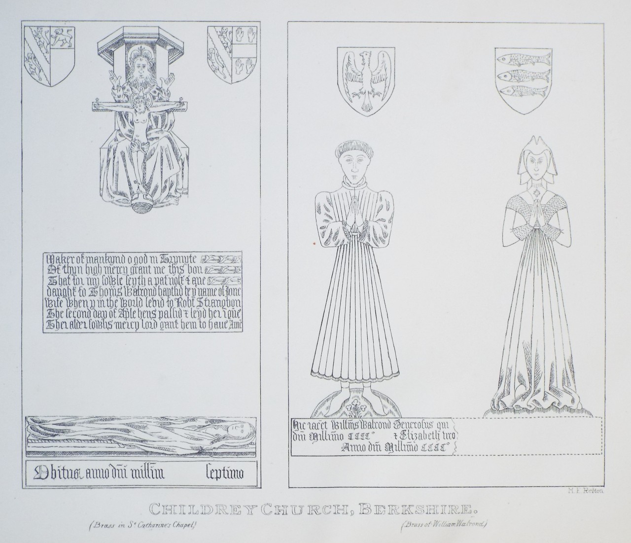 Zinc Lithograph - Childrey Church, Berkshire. (Brass in St. Catharine's Chapel & Brass of William Walrond) - Relton