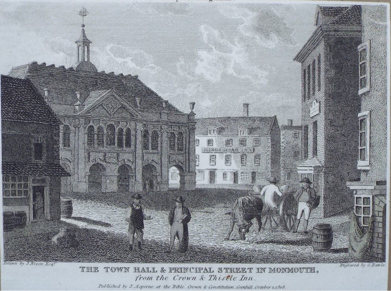 Print - The Town Hall & Principal Streetin Monmouth, from the Crown & Thistle Inn. - Rawle
