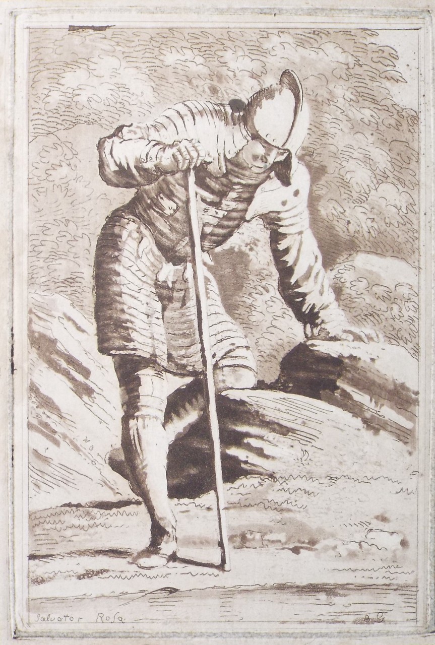 Etching with aquatint - A Warrior in full armour in a grotto - G