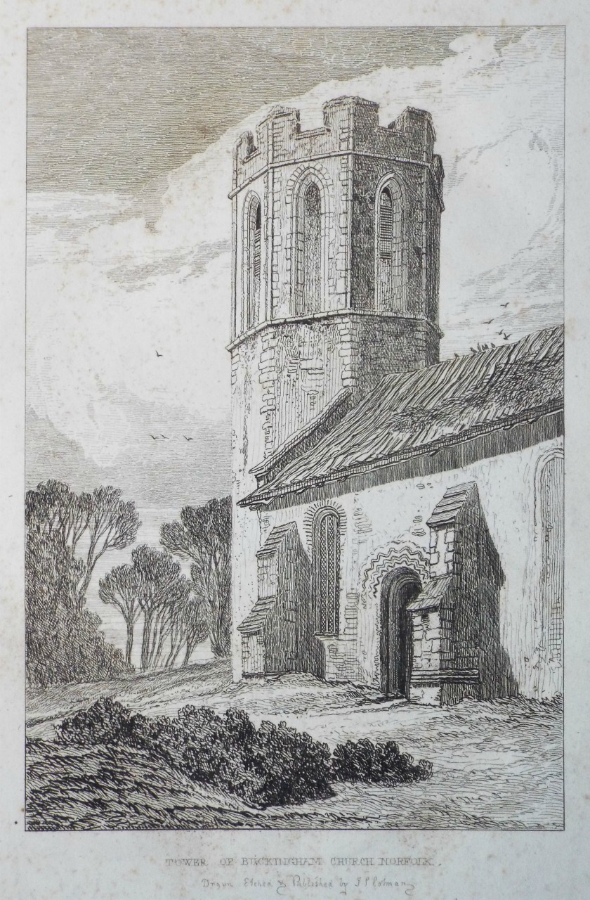 Etching - Tower of Buckingham Church, Norfolk. - Cotman