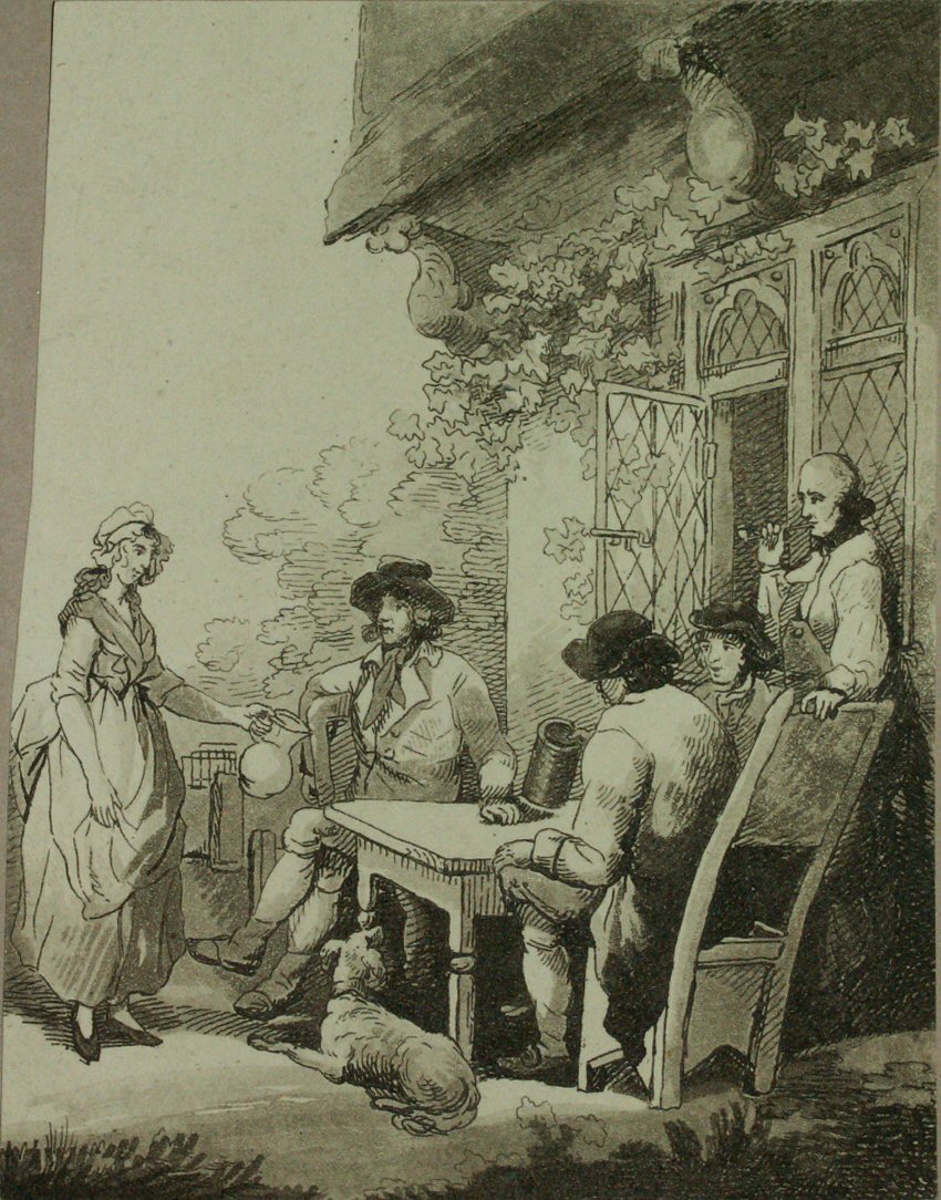 Aquatint - (Figures at a table outside an inn)