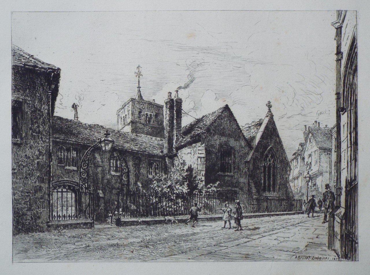 Etching - Corpus Christi College and the Tower of St. Benet's - Brunet-Debaines