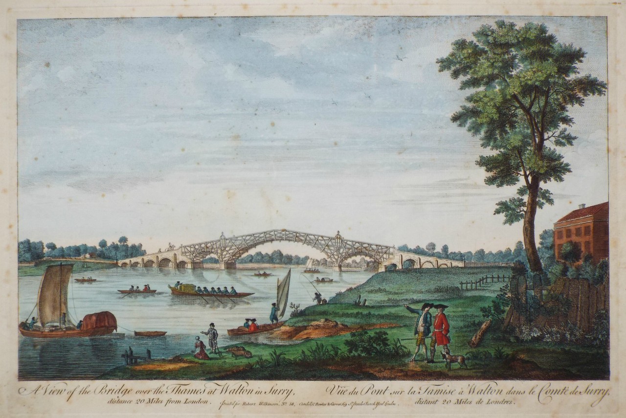 Print - A View of the Bridge over the Thames at Walton in Surry, distance 20 Miles from London.