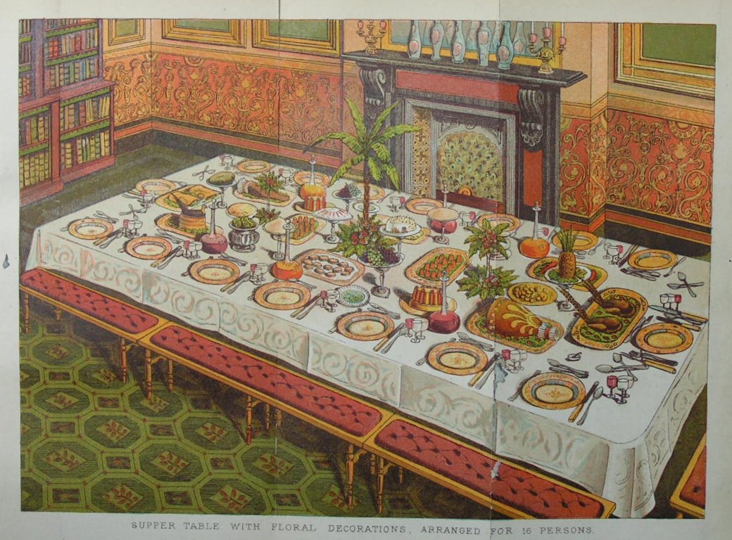Chromolithograph - Supper Table with Floral Decorations, Arranged for 16 Persons