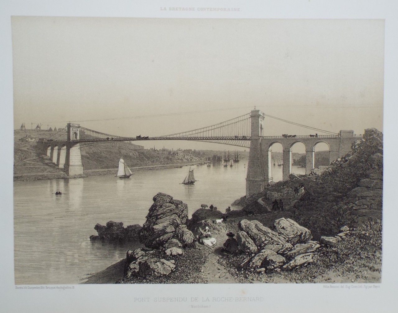 Lithograph - Pont Suspendu de la Roche-Bernard. (Morbihan) - Ciceri