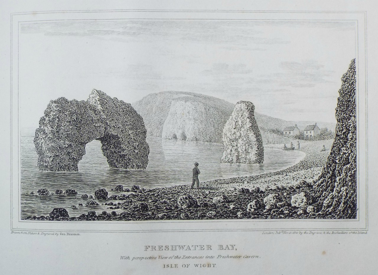 Print - Freshwater Bay, With Perspective view of the Entrances into Freshwater Cavern, Isle of Wight - Brannon