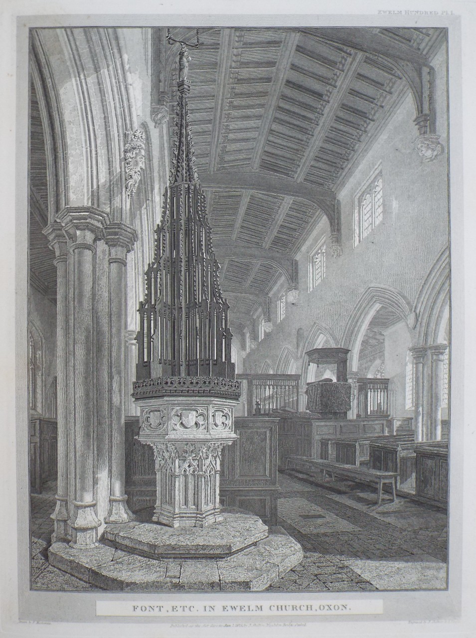 Print - Font, etc. in Ewelm Church, Oxon. - Skelton