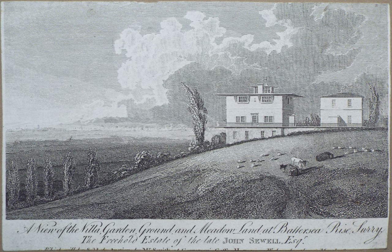 Print - A View of the Villa, Garden, Ground, and Meadow Land, at Battersea Rise, Surrey. The Freehold Estate of the late John Sewell, Esqr.