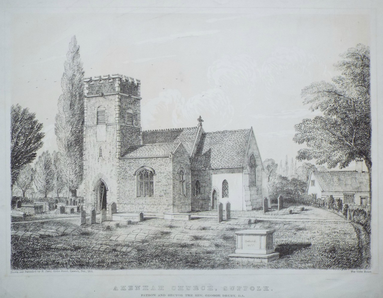 Lithograph - Akenham Church, Suffolk. Patron and Rector the Rev. George Drury, B.A. - Davy