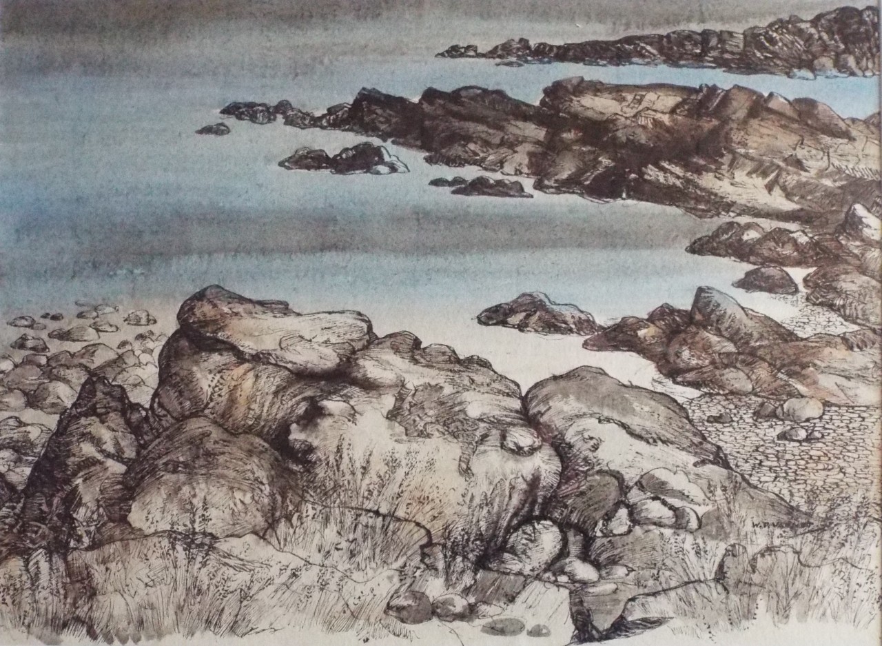 Charcoal and watercolour - Beach and rocks