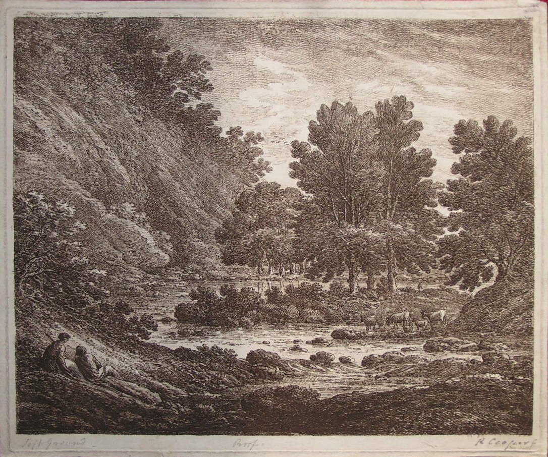 Etching - Cattle watering near a bend in a river watched by herdsmen - Cooper