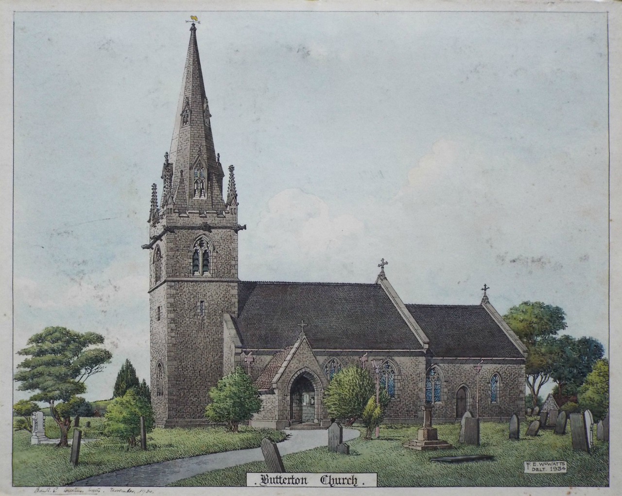 Ink & watercolour drawing - Butterton Church.