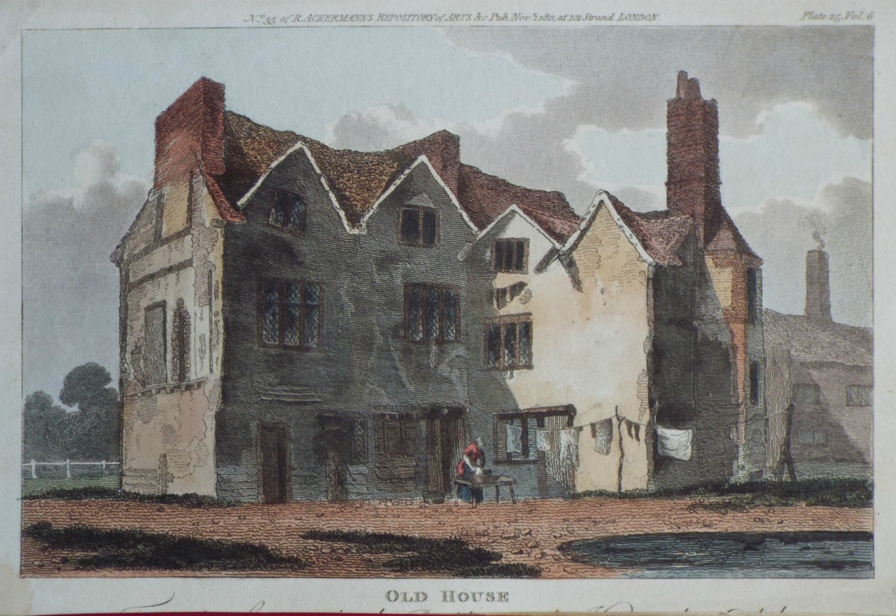 Aquatint - Old House formerly the Occesional Residence of Henry the Eighth at Newington Green Middlesex.