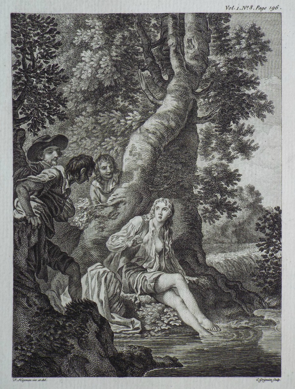 Print - (Young woman bathing in a river, disturbed by three men) - Grignion