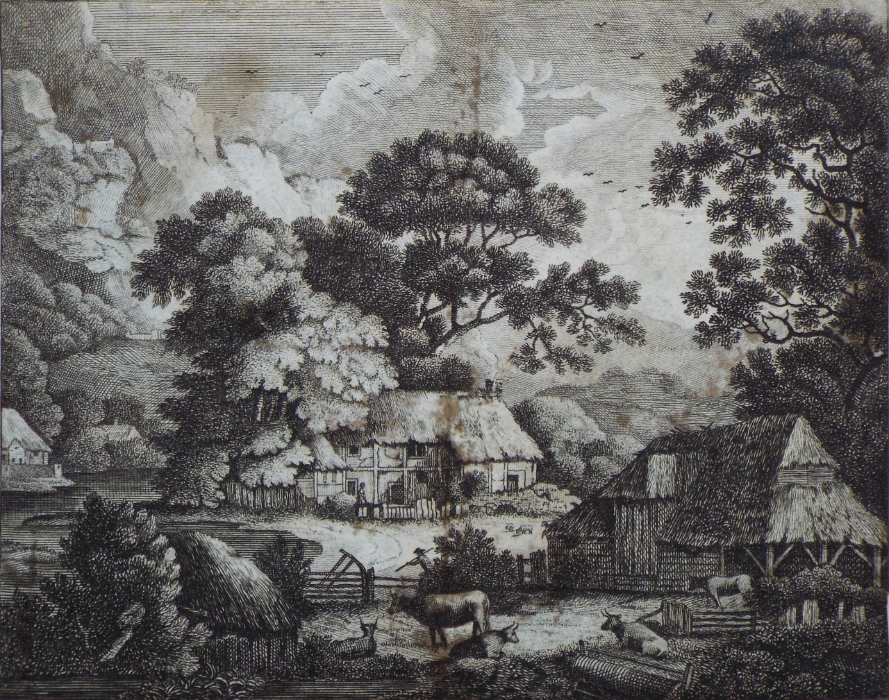 Etching - (Landscape with cattle and thatched cottages) - 